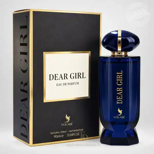 Flacon bleu nuit Dear Girl Volaré Eau de Parfum 90 ml avec bouchon doré et coffret noir bordé d'or