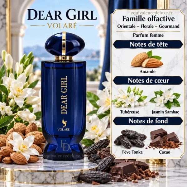 Dear Girl Volaré – Notes Olfactives Notes de Dear Girl Volaré : amande, tubéreuse, jasmin sambac, fève tonka et cacao, avec flacon bleu nuit