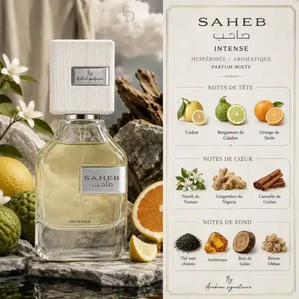 Notes olfactives Saheb Intense avec cédrat, bergamote, orange, néroli, gingembre, cannelle, thé noir, ambroxan, bois de gaïac et oliban