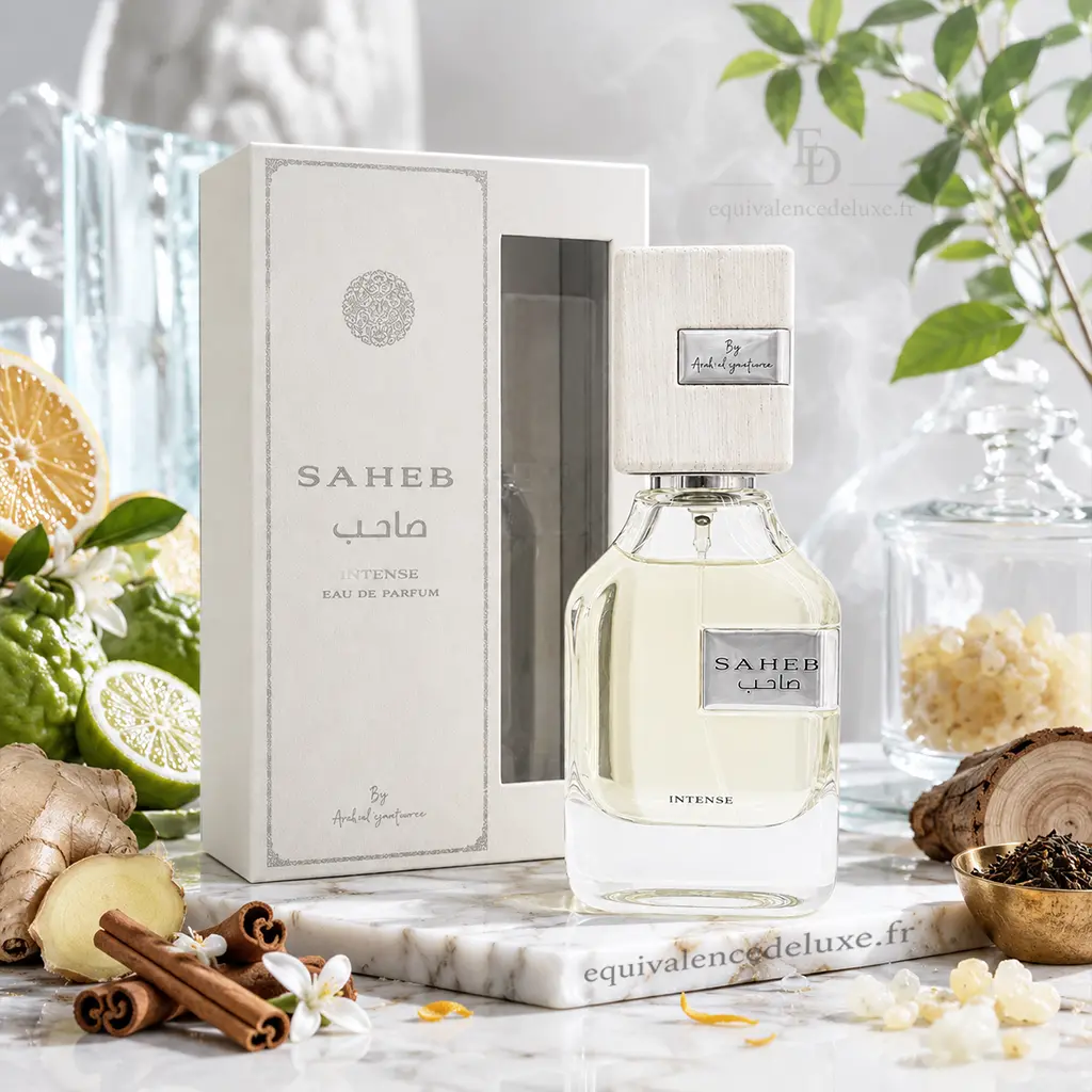 Saheb Intense Ard Al Zaafaran Eau de Parfum Mixte 70ml 4 Saheb Intense avec boîte et flacon dans un décor frais aux agrumes, gingembre, bois et thé noir