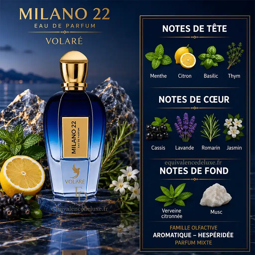 Milano 22 de Volaré : Eau de Parfum unisexe fraîche, aromatique et musquée 2 Notes olfactives Milano 22 Volaré avec menthe, citron, basilic, thym, cassis, lavande, romarin, jasmin, verveine citronnée et musc