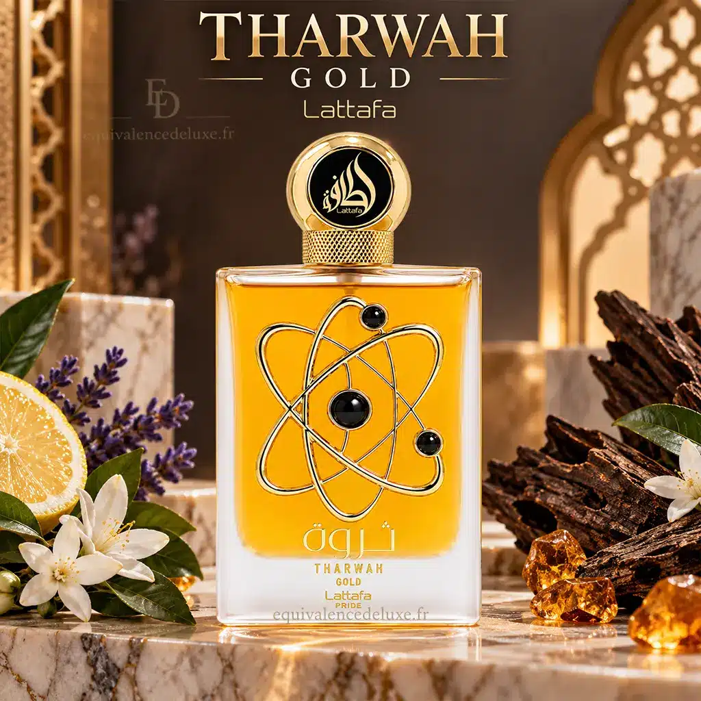 Tharwah Gold – Lattafa Pride – Eau de Parfum Femme 100 ml 4 Présentation du flacon Tharwah Gold Lattafa Pride 100 ml dans son coffret ouvert blanc et doré