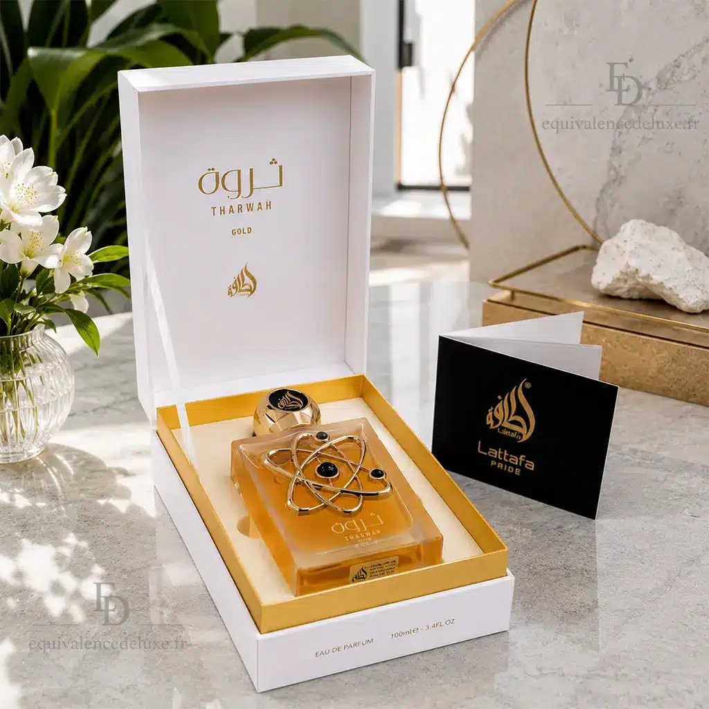 Tharwah Gold – Lattafa Pride – Eau de Parfum Femme 100 ml 3 Eau de parfum femme Tharwah Gold Lattafa Pride 100 ml avec flacon ambré et coffret blanc aux inscriptions dorées