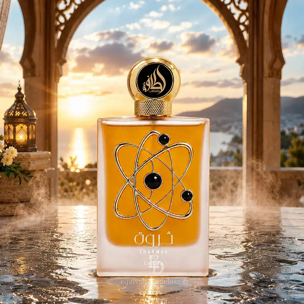 Tharwah Gold – Lattafa Pride – Eau de Parfum Femme 100 ml 5 Flacon Tharwah Gold Lattafa Pride avec fleurs blanches, lavande et décor luxueux doré