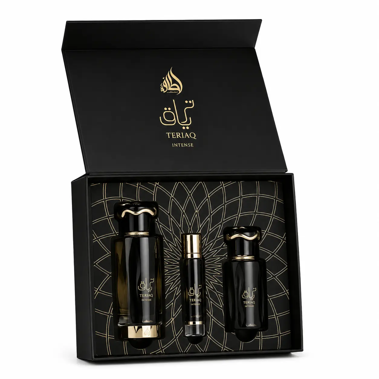 Coffret Teriaq Intense de Lattafa : Coffret parfum mixte avec Eau de Parfum et Hair Mist 1 coffret 3p lattafa teriaq intense parfum mixte avec parfum de poche et parfum pour cheveux