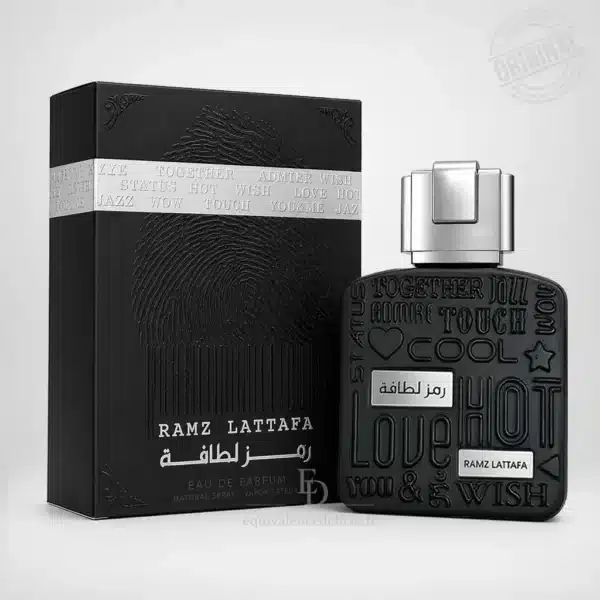 Parfums Dubaï, Collection Privée & Parfums Inspirés au Meilleur Prix 11 Flacon et boîte officielle du parfum Ramz Lattafa Silver Eau de Parfum pour homme sur fond blanc, présentation produit haute définition.