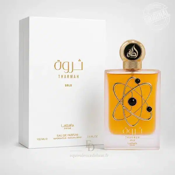 Parfums Dubaï, Collection Privée & Parfums Inspirés au Meilleur Prix 14 Coffret officiel et flacon du parfum Tharwah Gold Lattafa Pride Eau de Parfum 100 ml.
