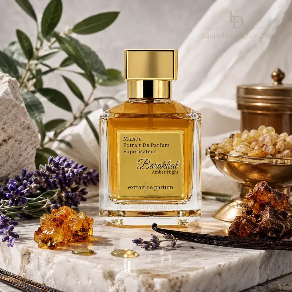 Barakkat Amber Night – Extrait de Parfum Mixte 100 ml 4 Barakkat Amber Night Extrait de Parfum mixte avec boîte dans un décor ambré, vanillé et résineux