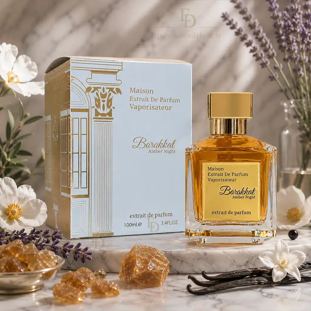 Barakkat Amber Night – Extrait de Parfum Mixte 100 ml 3 Flacon Barakkat Amber Night entouré de lavandin, benjoin, ambre et vanille