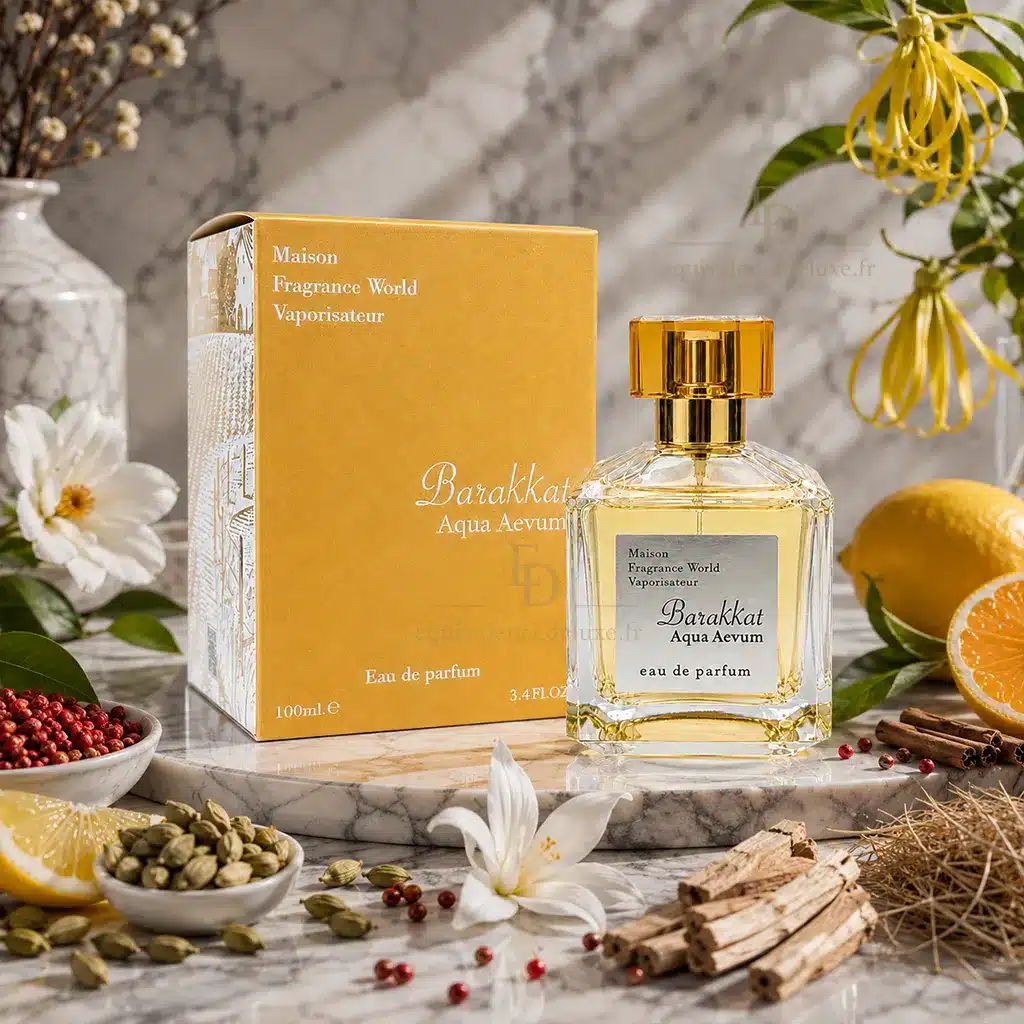 Barakkat Aqua Aevum – Eau de Parfum Mixte 100 ml 4 Barakkat Aqua Aevum parfum mixte 100 ml avec boîte dans un décor d'agrumes, épices et notes boisées