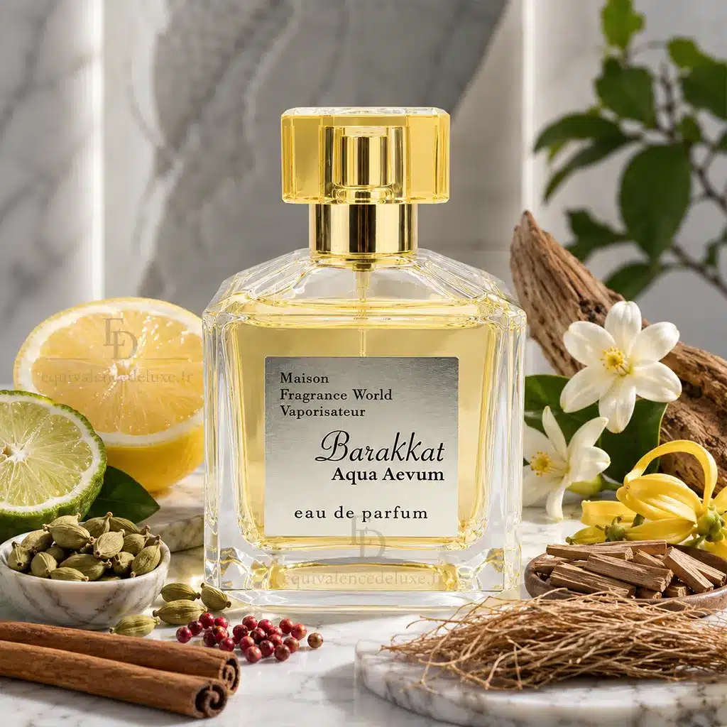 Barakkat Aqua Aevum – Eau de Parfum Mixte 100 ml 3 Flacon Barakkat Aqua Aevum entouré d'agrumes, cardamome, fleurs, bois de santal et vétiver