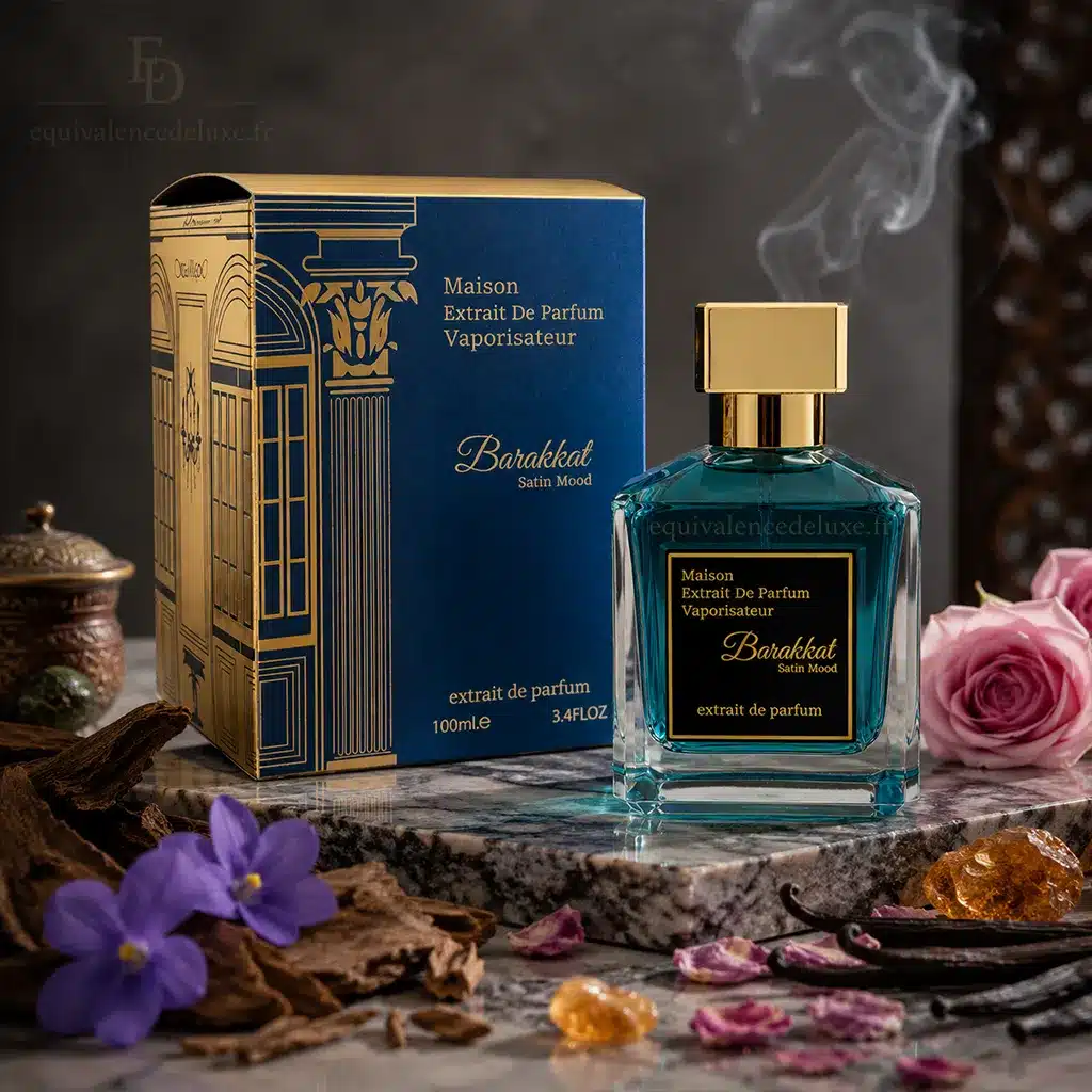 Barakkat Satin Mood – Extrait de Parfum Mixte 100 ml 3 Flacon Barakkat Satin Mood entouré de violettes, roses, oud, ambre et vanille Image 4 – Flacon + boîte en décor oriental