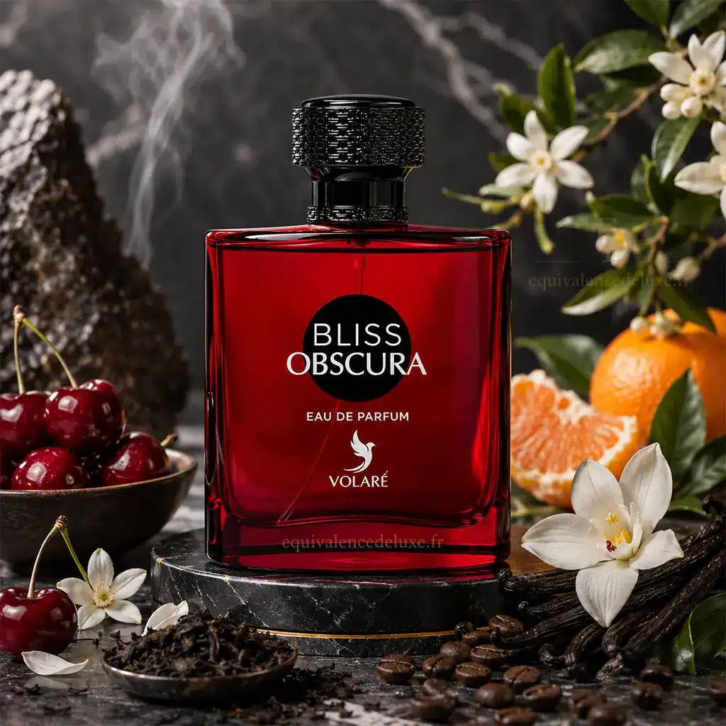 Bliss Obscura Volaré – Eau de Parfum Femme 80 ml 4 Flacon Bliss Obscura Volaré entouré de cerises, mandarine, fleurs blanches, café et vanille