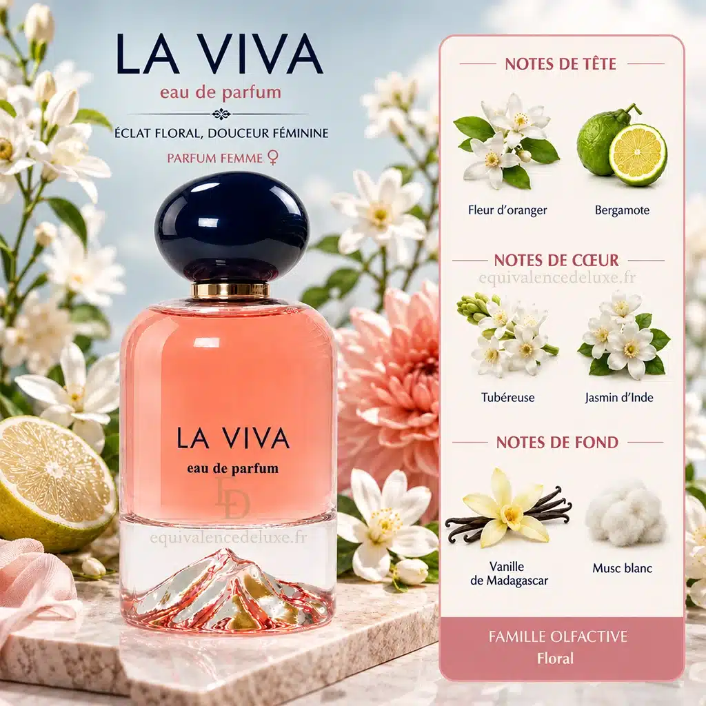 La Viva Volaré – Eau de Parfum Femme Florale 100 ml 2 Parfum femme La Viva Volaré entouré de fleurs blanches, bergamote et vanille