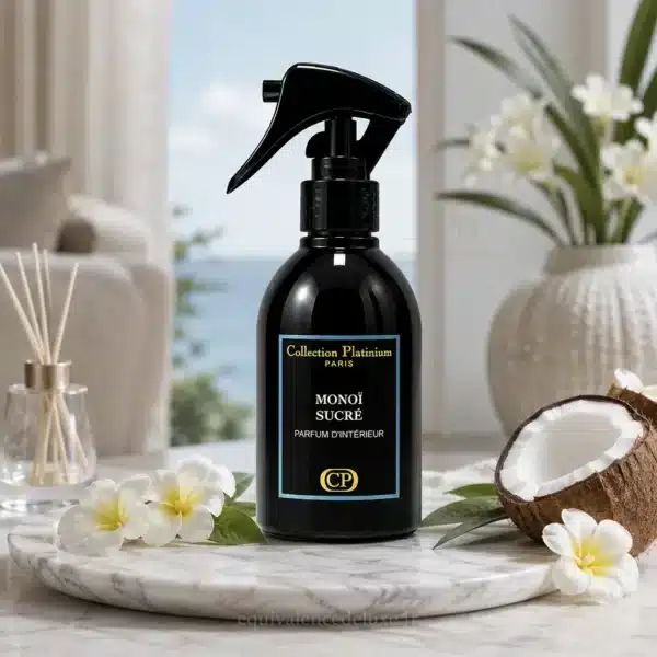 Monoï Sucré Collection Platinium – Spray Maison Solaire Flacon Monoï Sucré Collection Platinium 250 ml, parfum d’intérieur