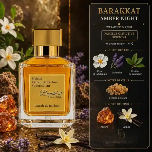 Notes Olfactives Barakkat Amber Night Notes de Barakkat Amber Night : labdanum, lavandin, feuilles de cannelier, benjoin de Siam, ambre et vanille