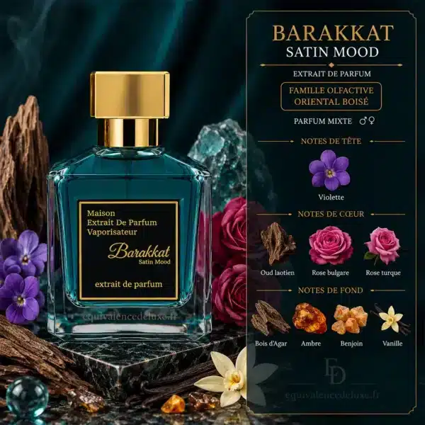 Notes Olfactives Barakkat Satin Mood Notes de Barakkat Satin Mood : violette, oud laotien, rose bulgare, rose turque, bois d’agar, ambre, benjoin et vanille