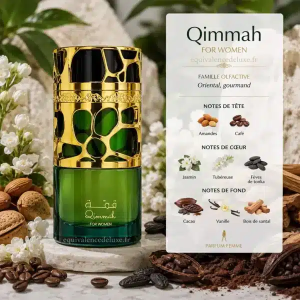 Notes Olfactives Qimmah For Women Lattafa Notes de Qimmah For Women Lattafa : amande, café, jasmin, tubéreuse, tonka, cacao, vanille et santal