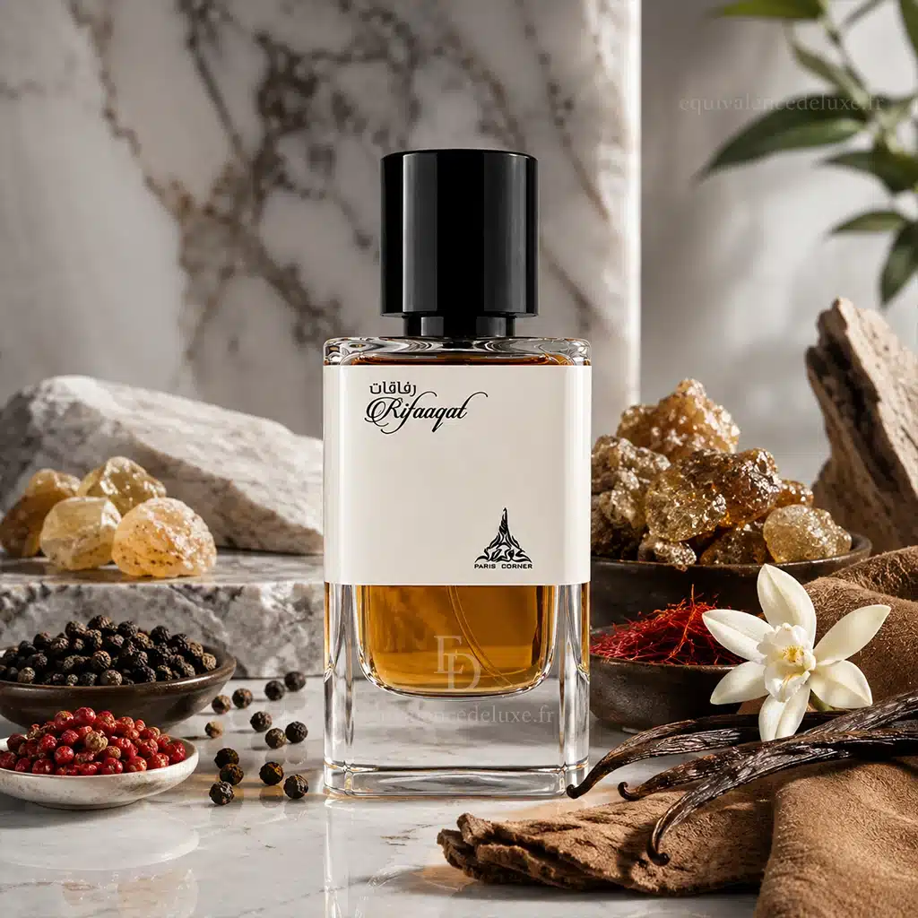 Rifaaqat Paris Corner – Eau de Parfum Mixte 100 ml 4 Notes de Rifaaqat Paris Corner : poivre noir et rose, élémi, encens, oliban, safran, vanille bourbon, daim et cèdre