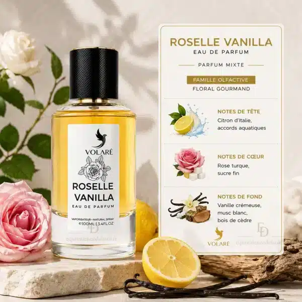 Notes Olfactives Roselle Vanilla Volaré Notes Roselle Vanilla Volaré : citron, notes aquatiques, rose turque, sucre, vanille, musc blanc et cèdre