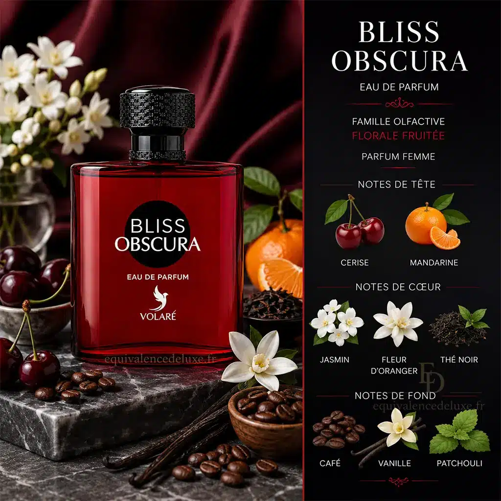 Bliss Obscura Volaré – Eau de Parfum Femme 80 ml 2 Obscura Volaré Pyramide olfactive Bliss Obscura Volaré avec cerise, mandarine, jasmin, fleur d’oranger, thé noir, café, vanille et patchouli