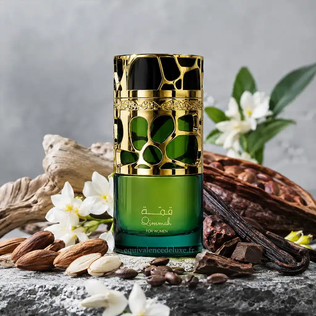 Qimmah For Women Lattafa – Eau de Parfum Femme 100 ml 3 Qimmah For Women Lattafa avec boîte dans un décor d'amande, café, cacao, vanille et fleurs blanches