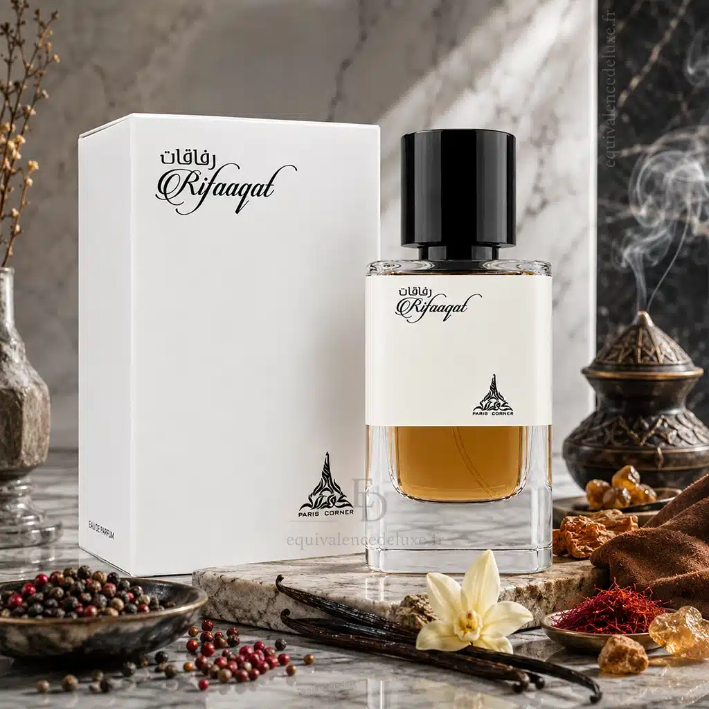 Rifaaqat Paris Corner – Eau de Parfum Mixte 100 ml 3 Flacon Rifaaqat Paris Corner dans un décor inspiré de ses notes d’encens, safran, vanille bourbon et cèdre