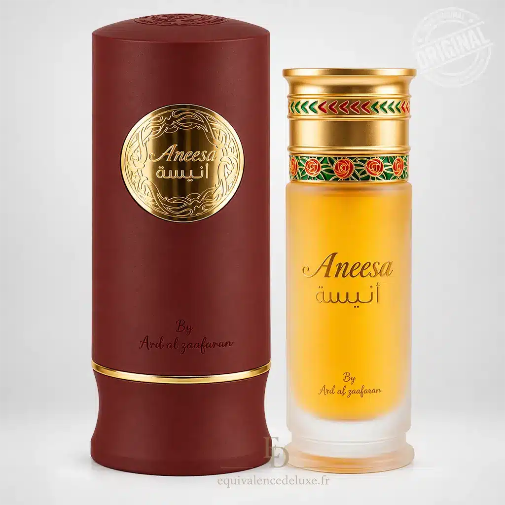 Aneesa Ard Al Zaafaran – Eau de Parfum Femme 100 ml 1 Aneesa Ard Al Zaafaran Eau de Parfum femme 100 ml avec flacon doré et coffret bordeaux