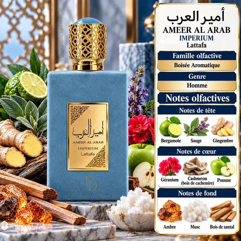 Ameer Al Arab Imperium Lattafa – Eau de Parfum Homme 100 ml 2 Notes olfactives Ameer Al Arab Imperium avec bergamote, sauge, gingembre, pomme, géranium, cashmeran, ambre, musc et santal