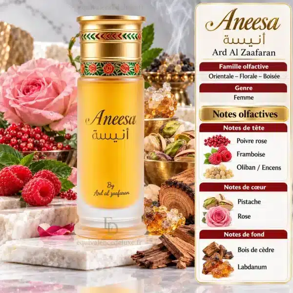 Notes Olfactives Aneesa Ard Al Zaafaran Notes olfactives Aneesa Ard Al Zaafaran avec poivre rose, framboise, oliban, pistache, rose, cèdre et labdanum