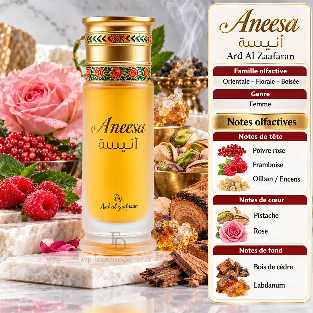 Aneesa Ard Al Zaafaran – Eau de Parfum Femme 100 ml 2 Notes olfactives Aneesa Ard Al Zaafaran avec poivre rose, framboise, oliban, pistache, rose, cèdre et labdanum
