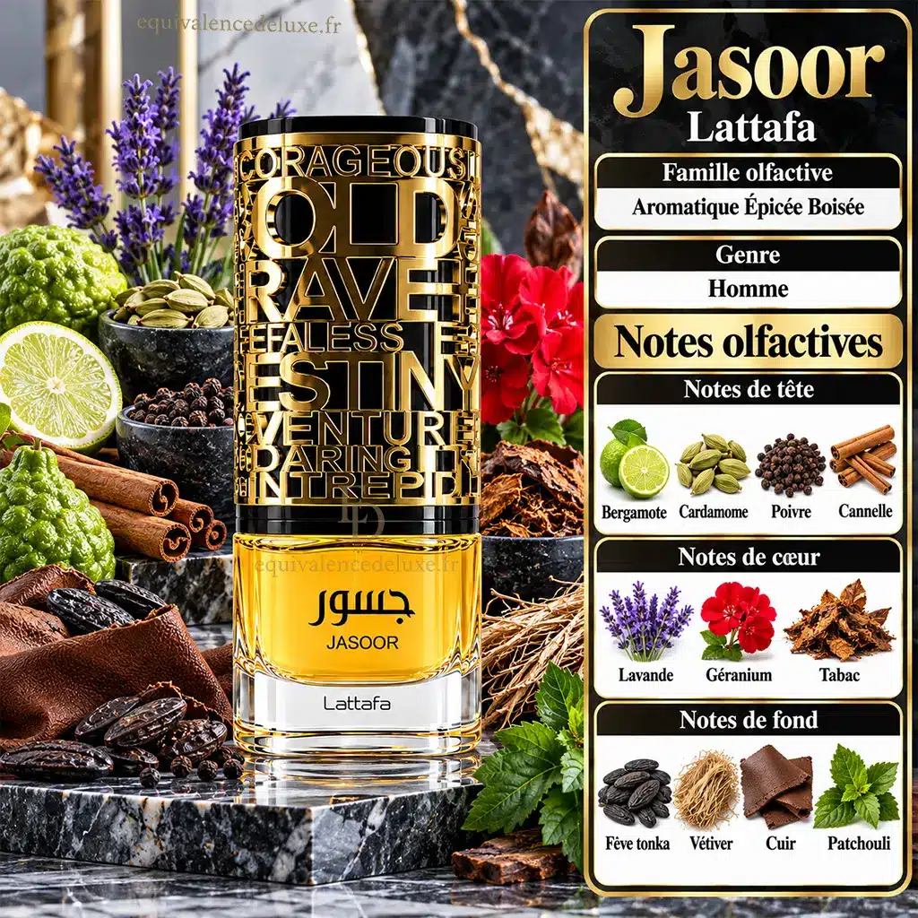 Jasoor Lattafa – Eau de Parfum Homme 100 ml 2 Notes olfactives Jasoor Lattafa avec bergamote, cardamome, poivre, cannelle, lavande, tabac, tonka, cuir et patchouli