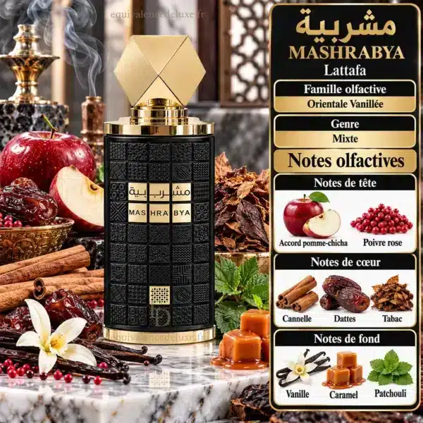 Notes Olfactives Mashrabya Lattafa Notes olfactives Mashrabya Lattafa avec pomme-chicha, poivre rose, cannelle, dattes, tabac, vanille, caramel et patchouli