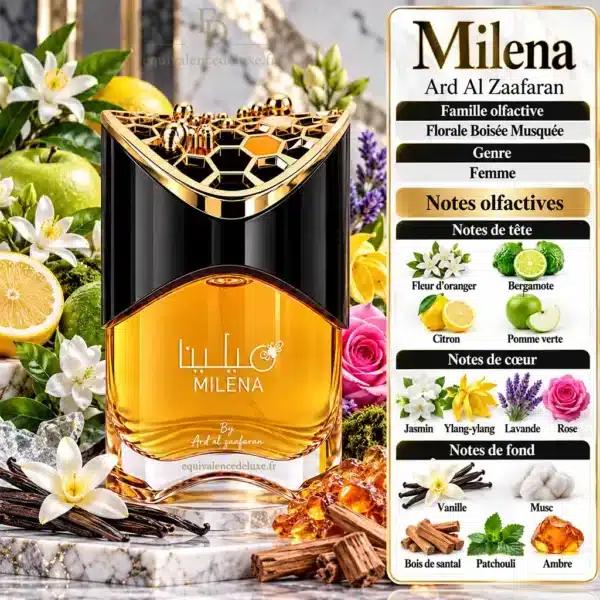 Notes Olfactives Milena Ard Al Zaafaran Notes olfactives Milena Ard Al Zaafaran fleur d’oranger, bergamote, citron, pomme verte, jasmin, ylang-ylang, vanille et santal