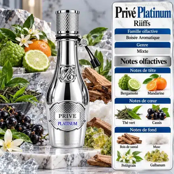 Notes Olfactives Privé Platinum RiiFFS Notes olfactives Privé Platinum RiiFFS avec bergamote, mandarine, thé vert, cassis, santal, musc, petitgrain et galbanum