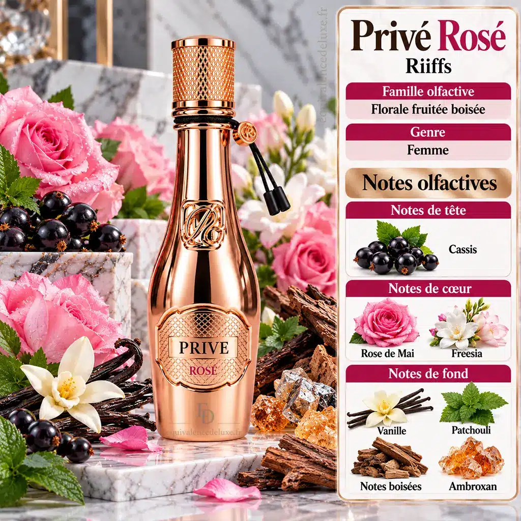 Privé Rosé RiiFFS – Eau de Parfum Femme 100 ml 2 Notes olfactives Privé Rosé RiiFFS avec cassis, rose de Mai, freesia, vanille, patchouli, notes boisées et ambroxan