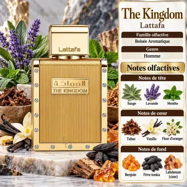 Notes Olfactives The Kingdom Lattafa Homme Notes olfactives The Kingdom Lattafa avec sauge, lavande, menthe, tabac, vanille, fleur d’oranger, benjoin, tonka et labdanum