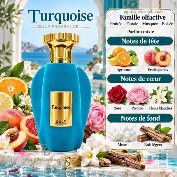 Notes Olfactives Turquoise Gulf Fragrance Notes olfactives Turquoise Gulf Fragrance avec agrumes, fruits juteux, rose, pivoine, fleurs blanches, musc et bois légers