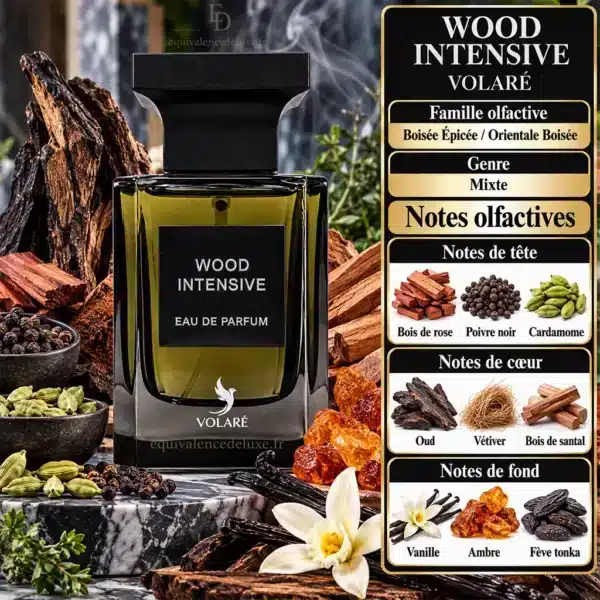 Notes Olfactives Wood Intensive Volaré Notes olfactives Wood Intensive Volaré avec bois de rose, poivre noir, cardamome, oud, vétiver, santal, vanille, ambre et fève tonka