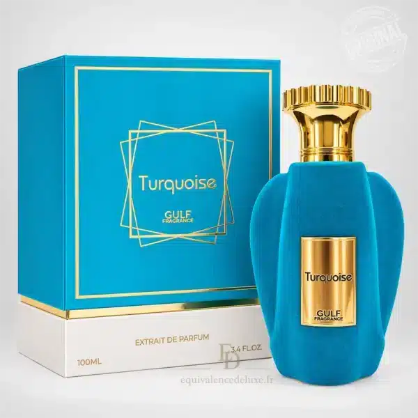 Parfums Dubaï, Collection Privée & Parfums Inspirés au Meilleur Prix 7 Turquoise Gulf Fragrance Extrait de Parfum 100 ml avec flacon bleu turquoise et coffret