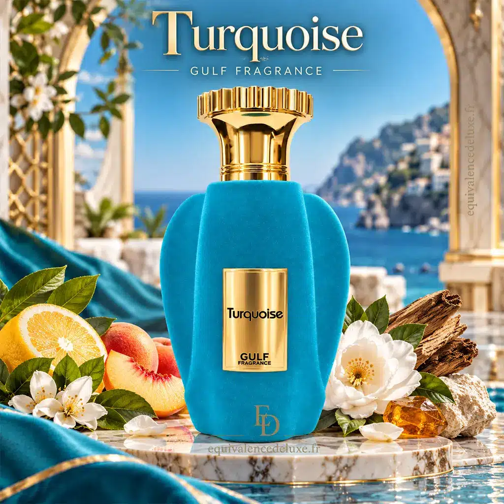 Turquoise Gulf Fragrance – Extrait de Parfum Mixte 100 ml 4 Flacon Turquoise Gulf Fragrance 100 ml avec agrumes, fruits, fleurs blanches et bois dans un décor méditerranéen