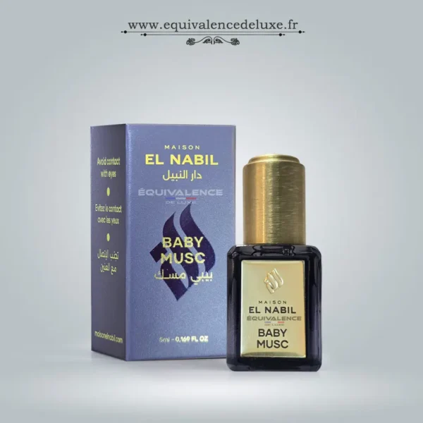 Parfums Dubaï, Collection Privée & Parfums Inspirés au Meilleur Prix 9 Baby Musc Maison El Nabil 5 ml, flacon sombre avec bouchon doré et coffret bleu lavande