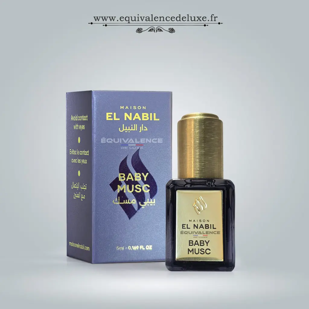 Baby Musc – Maison El Nabil – Parfum Musqué 5 ml 1 Baby Musc Maison El Nabil 5 ml, flacon sombre avec bouchon doré et coffret bleu lavande