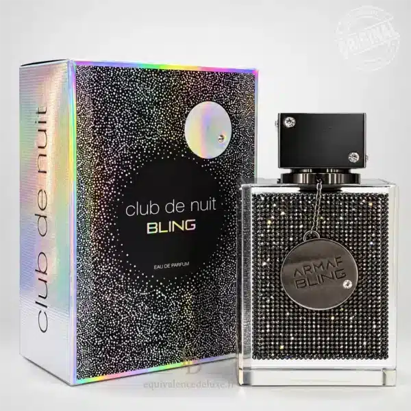 Parfums Dubaï, Collection Privée & Parfums Inspirés au Meilleur Prix 12 Parfum Club de Nuit Bling Armaf pour homme, flacon noir serti de cristaux brillants présenté avec sa boîte aux reflets holographiques.
