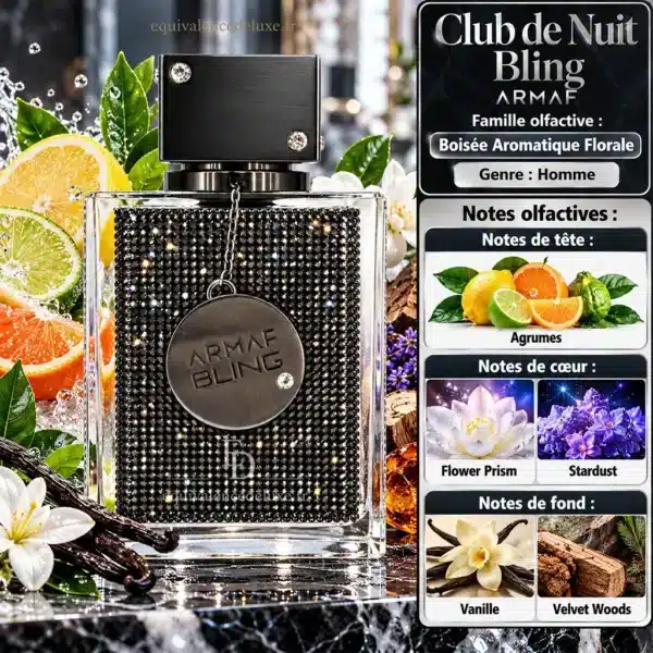 Club de Nuit Bling Armaf – Notes Olfactives et Composition Pyramide olfactive de Club de Nuit Bling Armaf avec agrumes, accords Flower Prism et Stardust, vanille et Velvet Woods.