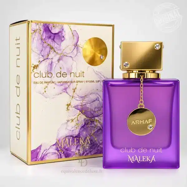 Parfums Dubaï, Collection Privée & Parfums Inspirés au Meilleur Prix 11 Flacon violet et doré du parfum Club de Nuit Maleka Armaf sur un socle en marbre, avec décor luxueux violet et or.