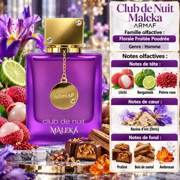 Club de Nuit Maleka Armaf – Notes Olfactives et Composition Pyramide olfactive de Club de Nuit Maleka Armaf avec litchi, bergamote, poivre rose, iris, praliné, bois de santal et ambroxan.