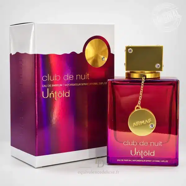 Parfums Dubaï, Collection Privée & Parfums Inspirés au Meilleur Prix 13 Eau de parfum Club de Nuit Untold Armaf 105 ml, flacon rouge et rose avec bouchon doré, présenté à côté de sa boîte aux reflets métallisés.