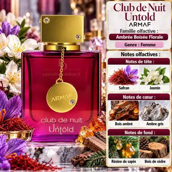 Club de Nuit Untold Armaf – Notes Olfactives et Composition Pyramide olfactive de Club de Nuit Untold Armaf avec safran, jasmin, bois ambré, ambre gris, résine de sapin et bois de cèdre.