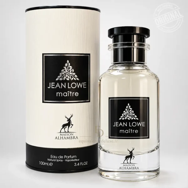Parfums Dubaï, Collection Privée & Parfums Inspirés au Meilleur Prix 10 Flacon du parfum Jean Lowe Maître Maison Alhambra 100 ml présenté sur un socle en marbre noir et doré dans un décor luxueux.